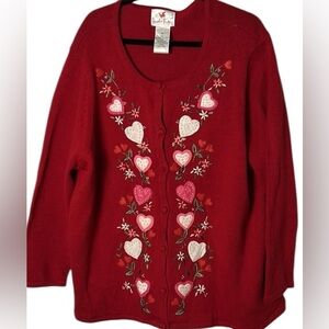 Quacker Factory embroidered  knit cardigan,red button front,hearts,sequins,felt
